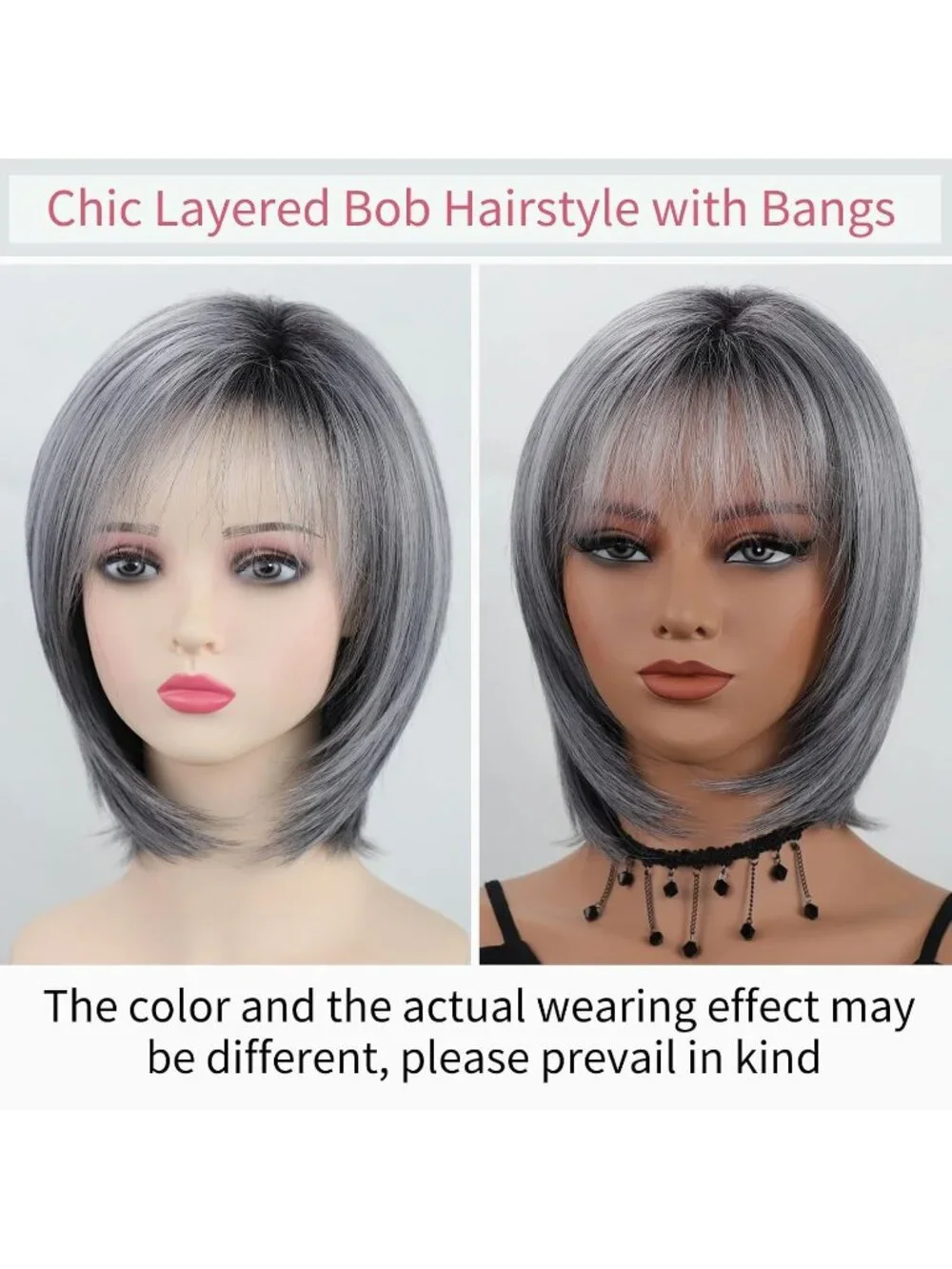 Women's Salt N Pepper 12 Inch Mid Length Heat Synthetic Straight Layered Bob Wig